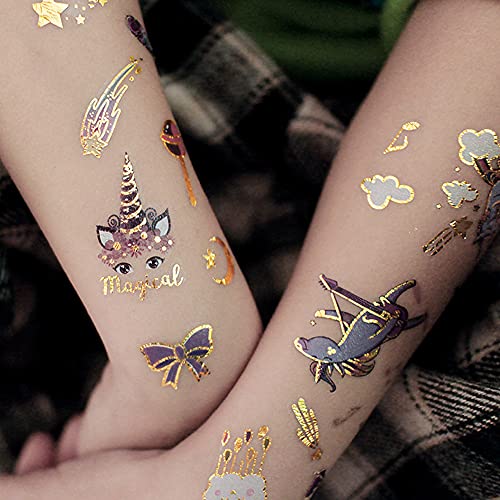 Временни татуировки със Златен Блясък за деца, Водоустойчив тема Еднорог, Флаш Фалшиви Татуировки за Момичета, Детски Спомени за