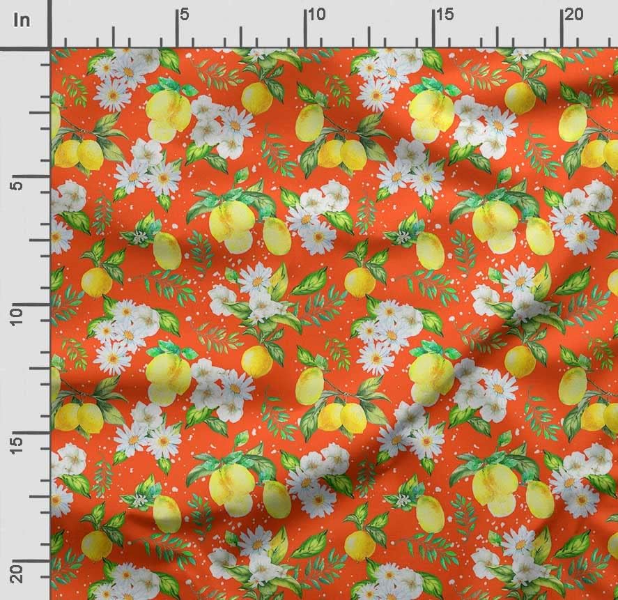 Soimoi Orange памучен батистовая плат с листа, цветя и лимон растително принтом ширина 42 инча
