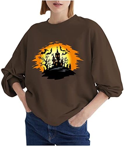 Дамски Свитшоты Sunset Halloweentown с графичен Дизайн, Риза с кръгло деколте на Хелоуин, Свободни Ежедневни Зимни Флисовые Пуловери,
