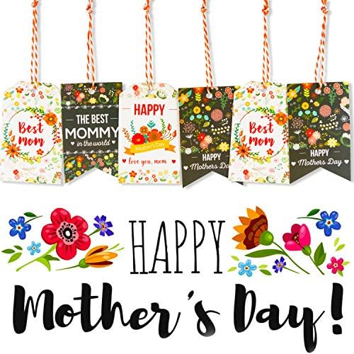 Подарък бележки за Деня на майката - 40 БР Подарък Тагове за Ден На майката, Цветя, Поздравителни картички, Етикети за опаковане на подаръци от картон за мама, Етикети