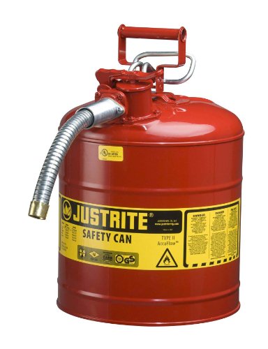 Туба за сигурност Justrite 5 Литра Red AccuFlow от поцинкована стомана тип II, с вентилация, с пламегасителем от неръждаема стомана и метален маркуч с диаметър 1 инч (за запалим