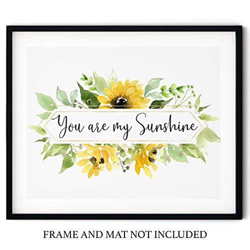 'Ти си моето Слънце' Слънчогледи Акварел Фигура на стената | Жълт, Зелен и Бял Принт 14x11 БЕЗ РАМКА - Ботаническа, Цветя, Селска
