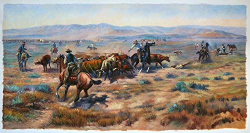 The Round-Up - Репродукция на картина на Чарлз Мариона Ръсел ръчно рисувани с маслени бои, Американски Западен пейзаж, Каубои, Загоняющие