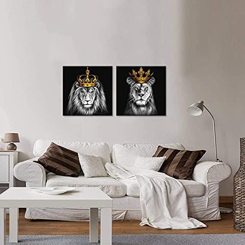 DuoBaorom 2 бр. Цар на Животните Лъв и Лъвица Платно Монтиране на Изкуството на Черно-Бял Лъв със Златна Корона Живопис на Художествена